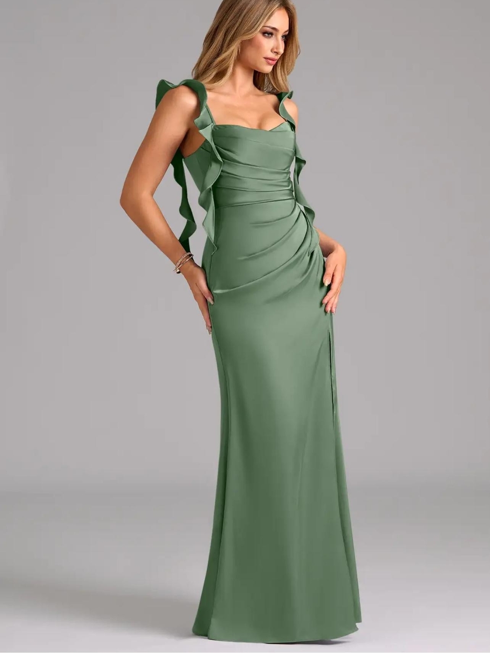 Azazie Jessamine Elegant Sage Green Ruffled Strap Evening Gown Medium